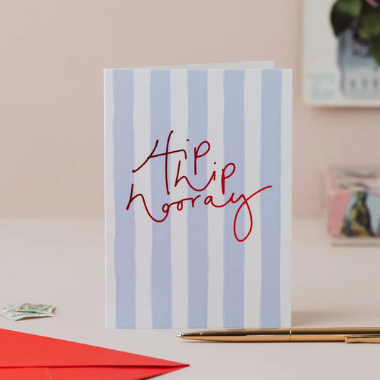 'Hip Hip Hooray' Blue Stripe and Red Foil Lettering Card